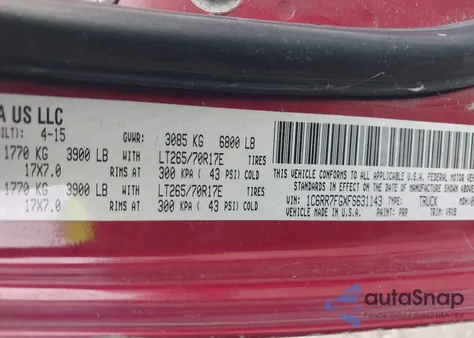 2015 Ram 1500 Tradesman z USA, uszkodzony, nr VIN 1C6RR7FGXFS631143